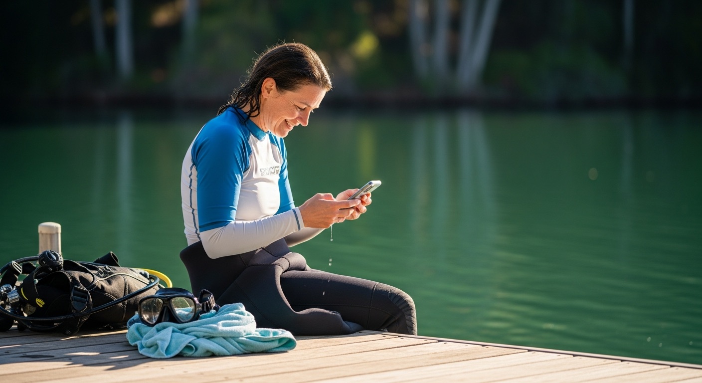 A diver sitting on a lake dock checking her phone, about to take the Rescue Ready Assessment