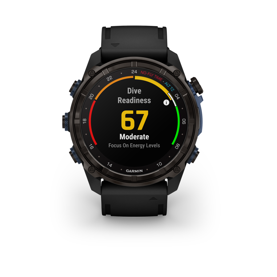Garmin Descent watch showing a Dive Readiness score of 67, rated Moderate.